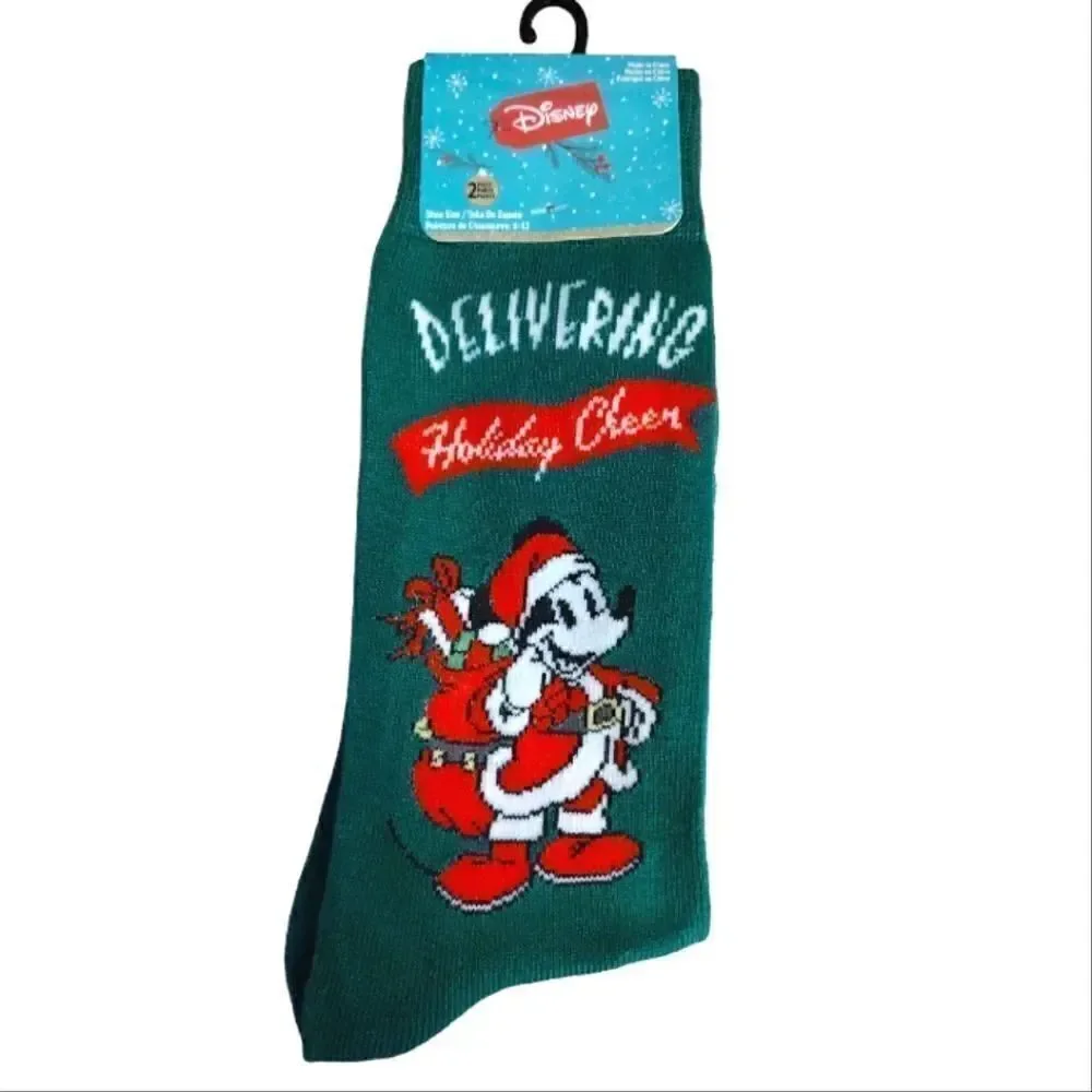 $9💥‎ Disney Mickey Mouse 2 Pairs Red Green Christmas Crew Socks NWT
